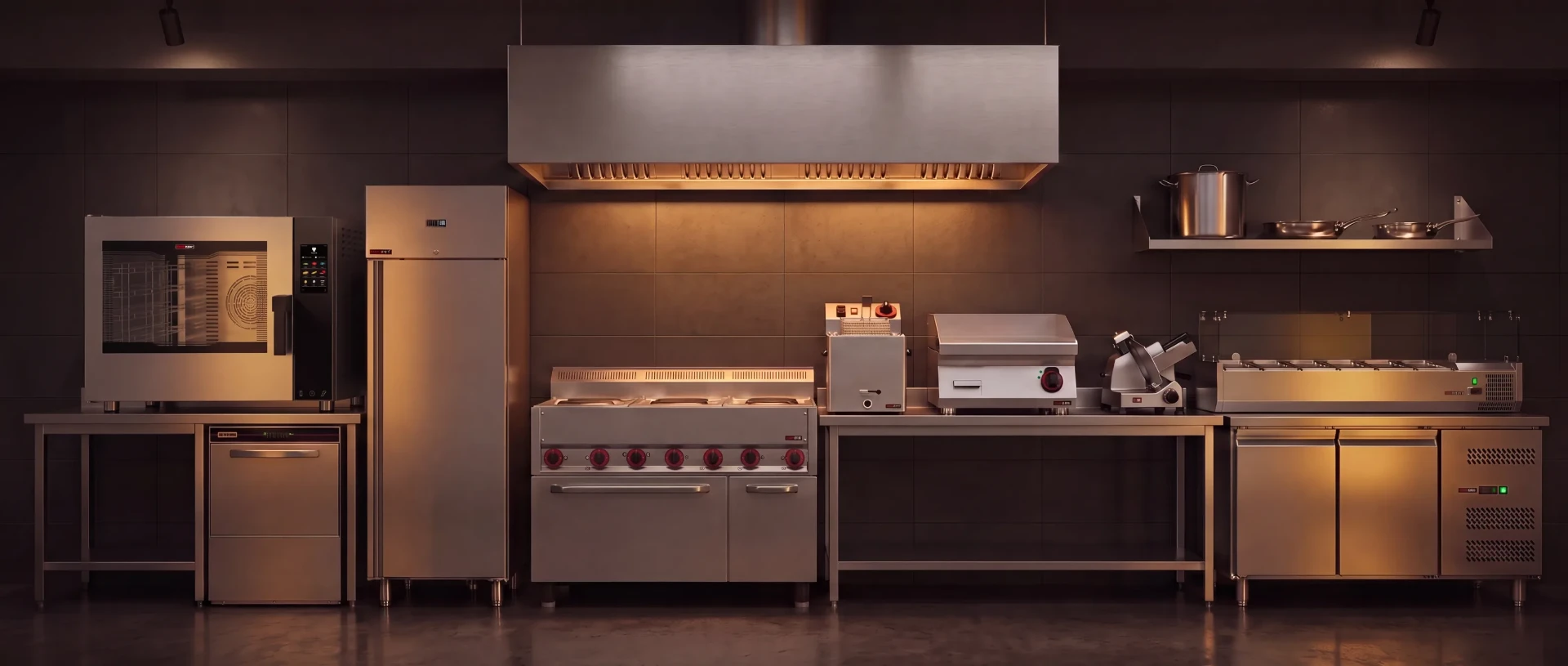 Cuisine professionnelle équipée : four mixte, lave-vaisselle, armoire réfrigérée, fourneau, friteuse, plancha, trancheuse, étagère, vitrine et table réfrigérée